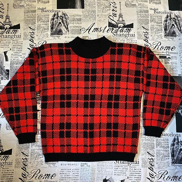 Golden Touch vintage 80s Women's red black plaid checkerprint sweater knit - Picture 1 of 4